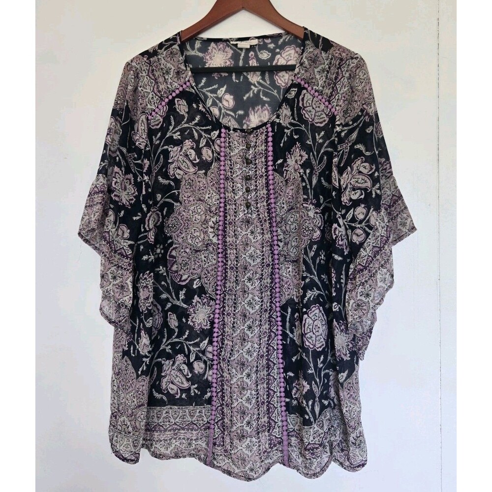 Style & Co Blouse Womens M Top Floral Purple Sheer Tunic‎ Paisley Boho Festival